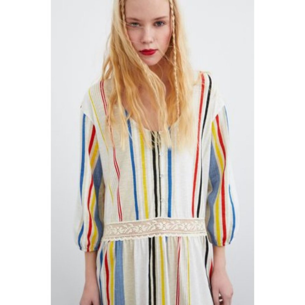 ZARA Combined Striped Lace Boho Mod MIDI Dress M - Picture 2 of 15